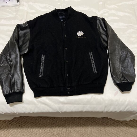 Port Authority Black Jacket Wool Blend Leather Sleeve Size L Aviation PPI Logo - Picture 1 of 12